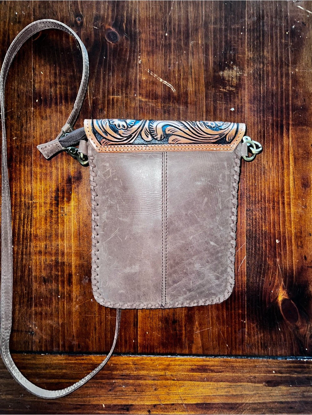 American Darling Tooled Leather & Cowhide Crossbody Bag - Brown/White - Picture 2 of 5